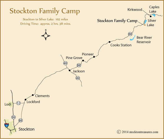 map of route from Stockton, California to Stockton Family Camp at Silver Lake, CA