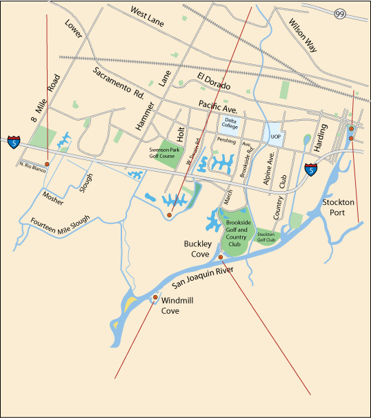 map of Stockton waterfront locations, CA